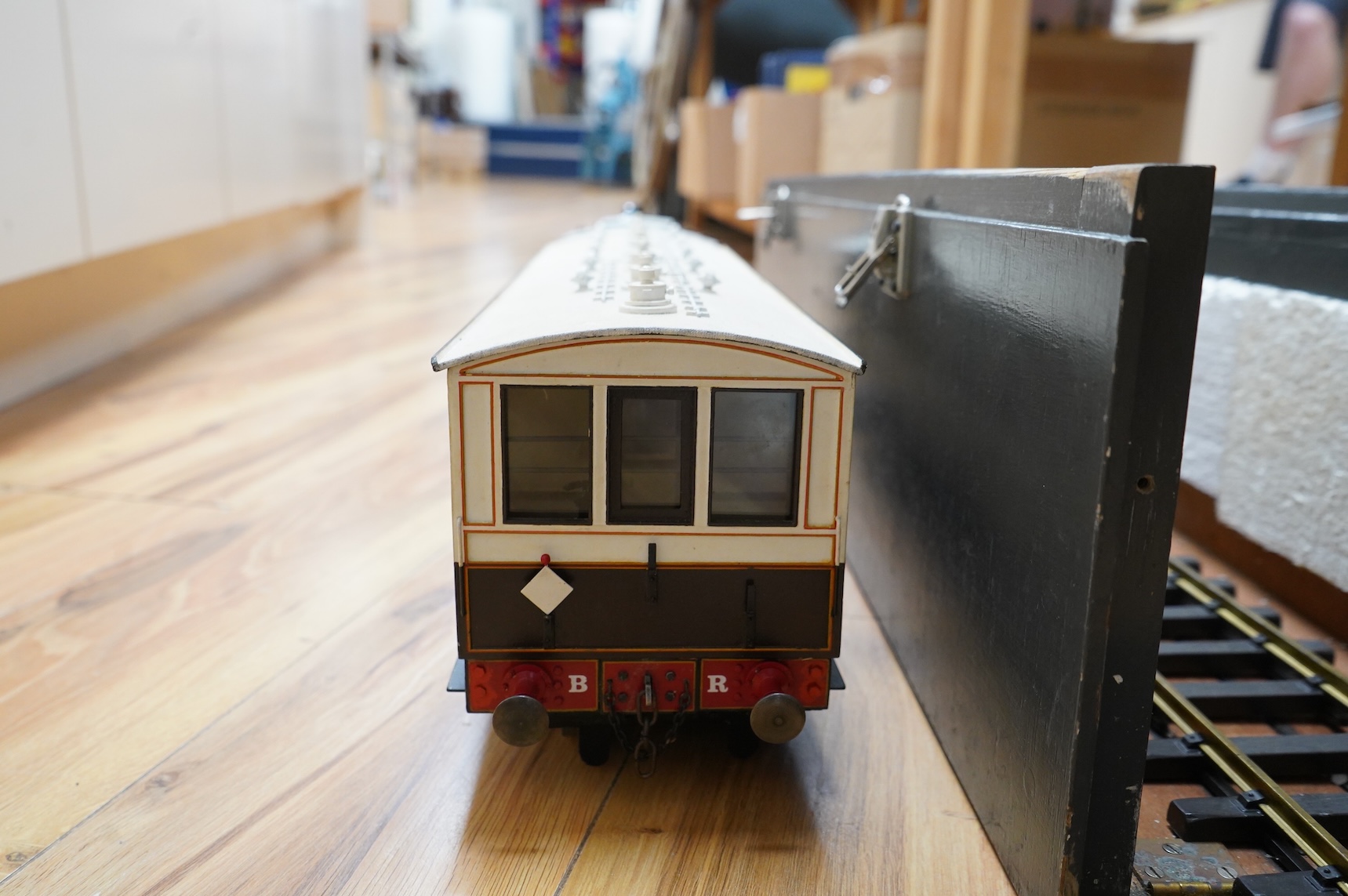 A GNSR (Great Northern Scottish Railway) live steam railcar, built by Richard Lewis and gauged for Gauge 3, originally constructed to run on 45mm rails, and built from a roundhouse chassis and boiler, gas fired with two